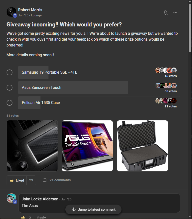 Community poll showing members voted for the Asus ZenScreen Touch as their preferred giveaway prize